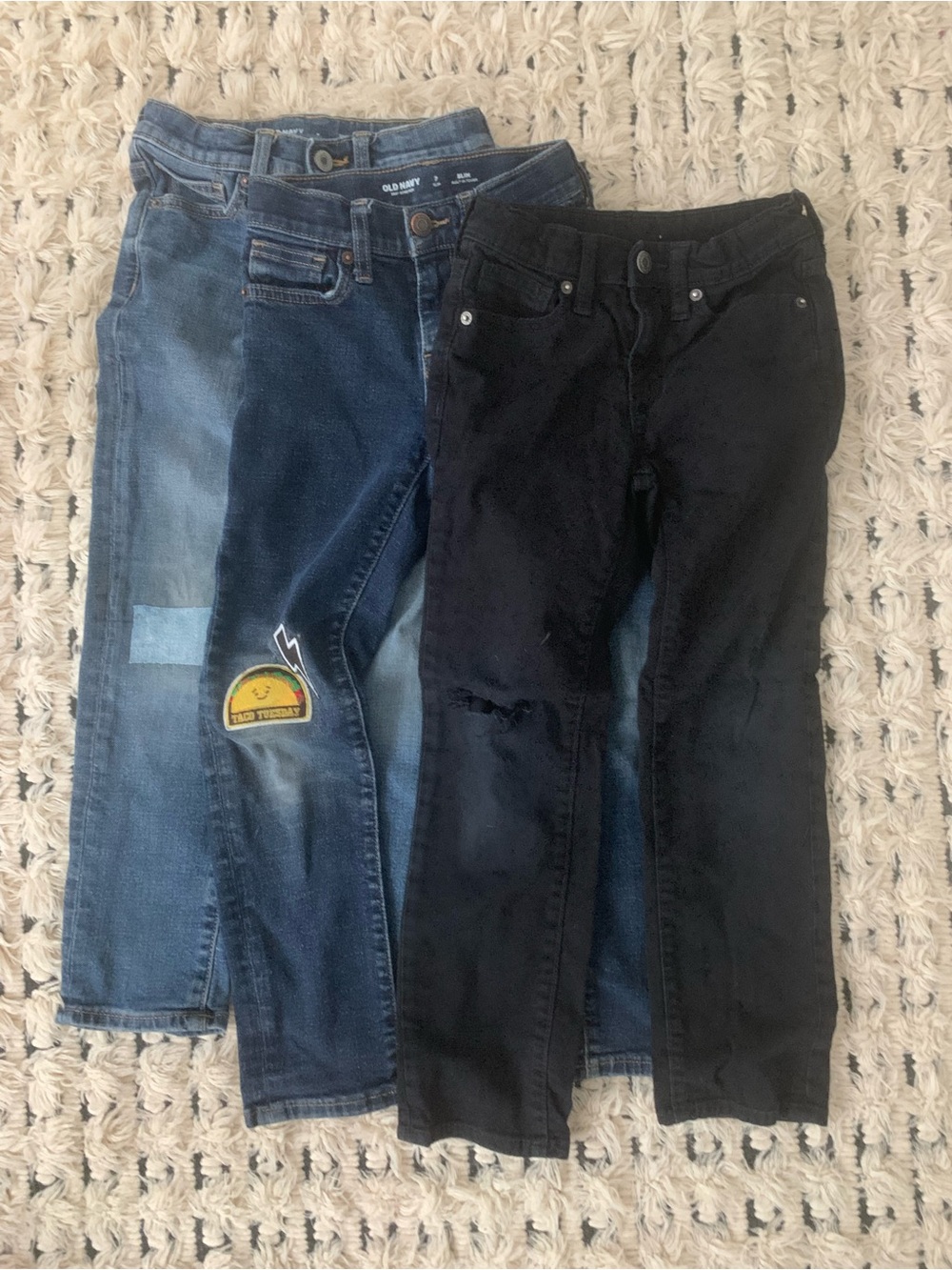 Three Boys Denim Jeans Bundle - Black & Two Blue Pairs Repaired Old Navy Slim 7
